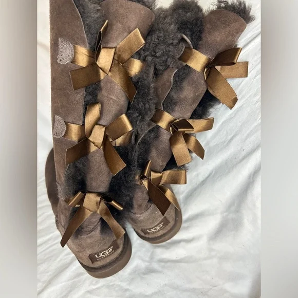 UGG Tall brown Suede Winter Boots BAILEY BOW II Triple Bows - Picture 3 of 8